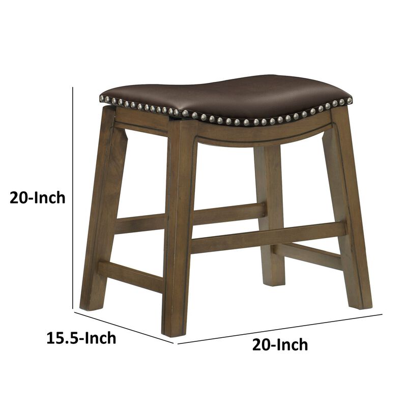 Miel 20 Inch Dining Stool, Brown Faux Leather, Brown Solid Wood, Nailheads - Benzara