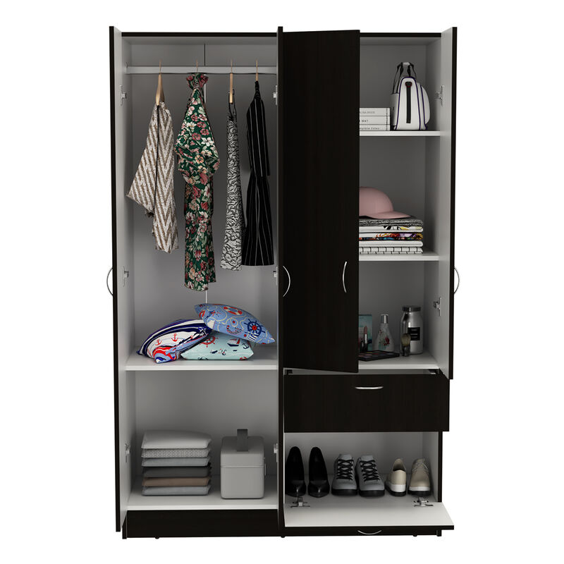 DEPOT E-SHOP Itaca Armoire, Double Door Cabinet, One Drawer, Five Interior Shelves, Rod, Black / White