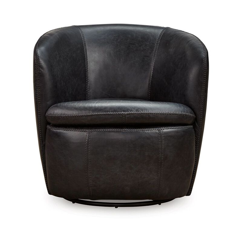 Niko Swivel Accent Chair, Round Barrel Design, Dark Blue Top Grain Leather -