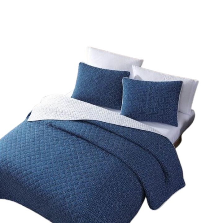 Full Queen Blue White Dots and Stripes 100 Percent Cotton Reversible Quilt Set