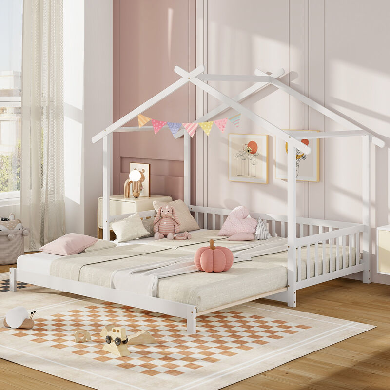 Extendable House Bed Daybed with Roof and Fence Rails