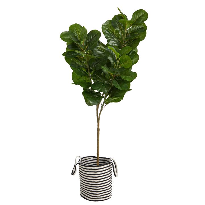 Hivvago 6 Feet Fiddle Leaf Fig Artificial Tree in Handmade Black and White Natural Jute and Cotton Planter