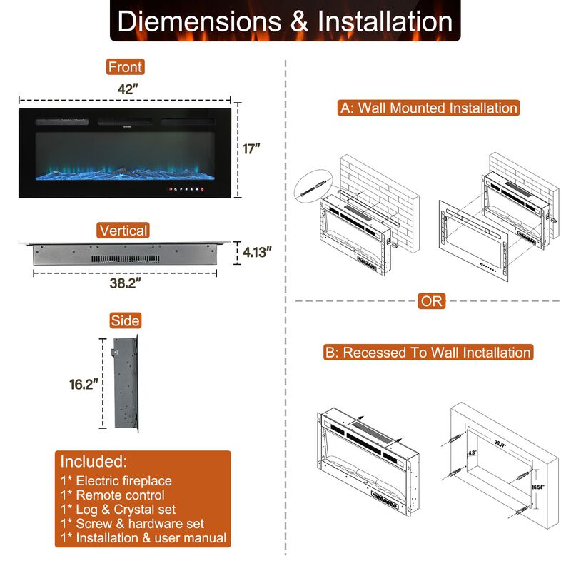 Black 42 in. Wall-Mounted Electric Fireplace with Logs & Crystals, Remote 1500/750W