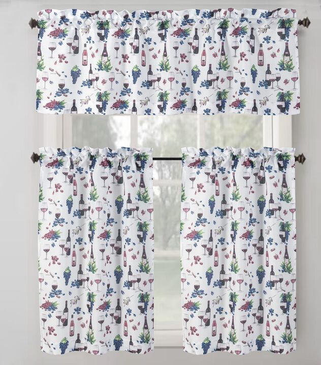 RT Designer's Collection Tribeca Wine Printed Slub 3 Pieces Kitchen Curtain Set Includes 1 Valance 52" x 18" and 2 Tiers 26" x 36" Each Multi Color