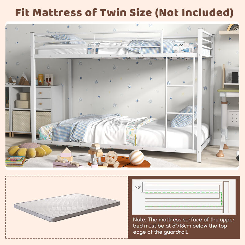 Low Profile Twin Over Twin Metal Bunk Bed with Full-length Guardrails