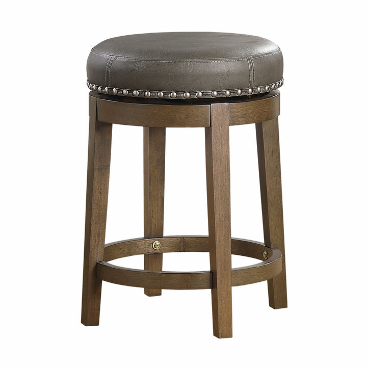 Bara 25 Inch Swivel Counter Stool Gray Round Faux Leather, Brown, Set of 2 - Benzara
