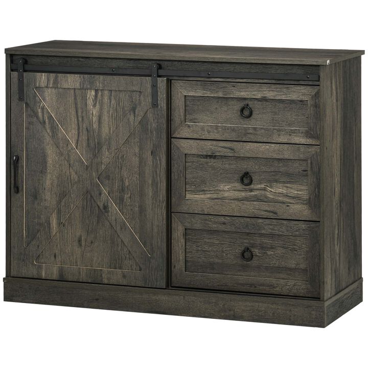 HOMCOM Farmhouse Sideboard Buffet Cabinet, Kitchen Cabinet Coffee Bar Cabinet with Sliding Barn Door and 3 Storage Drawers for Living Room, Dark Grey