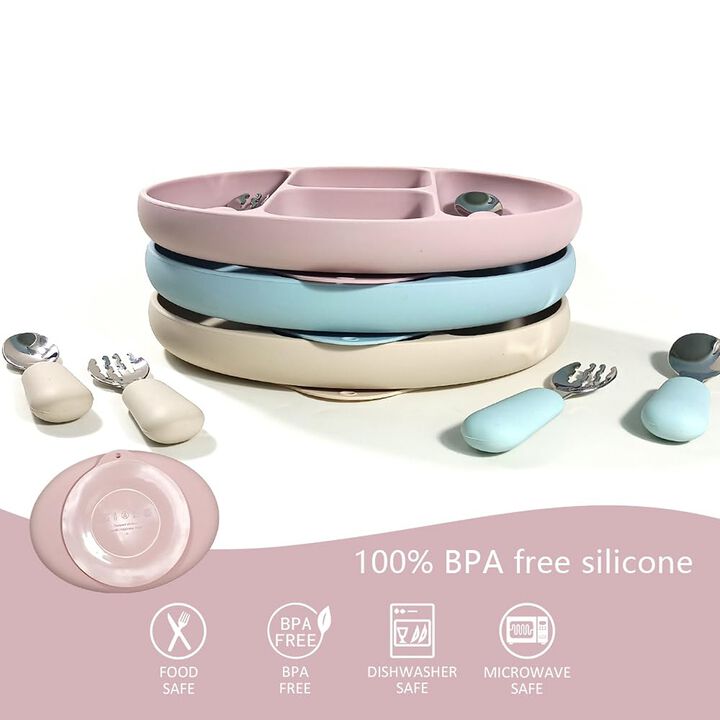 Silicone Suction Baby Feeding Set – Includes Divided Bowl, Plate, Spoon & Fork – BPA-Free, Non-Toxic, and Kid-Safe Tableware (Pink).