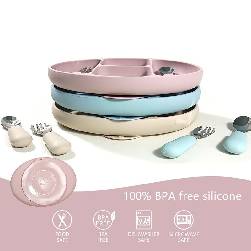 Silicone Suction Baby Feeding Set – Includes Divided Bowl, Plate, Spoon & Fork – BPA-Free, Non-Toxic, and Kid-Safe Tableware (Pink).