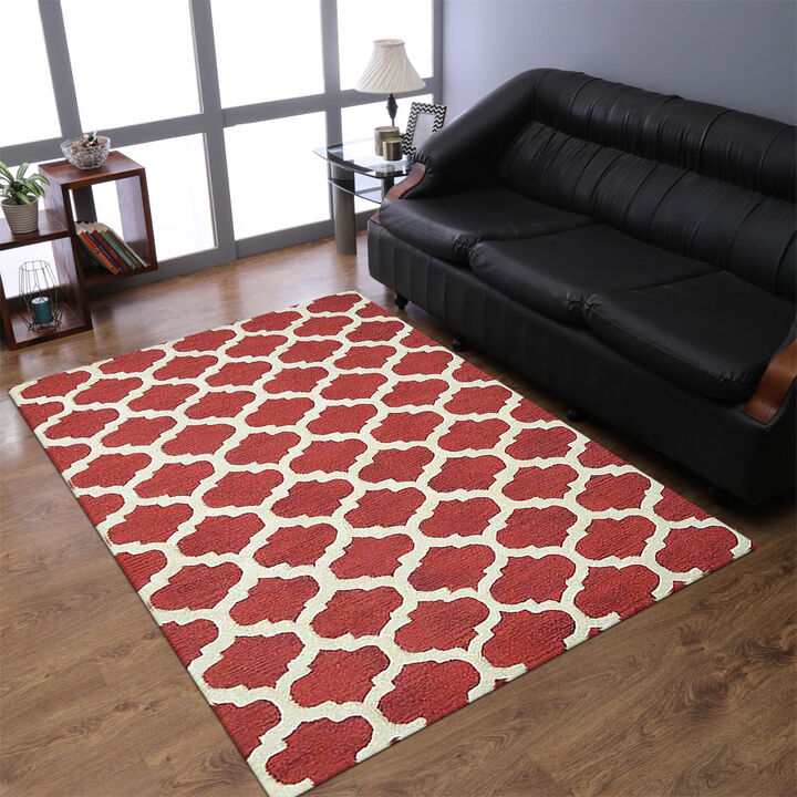 RUGSOTIC CARPETS HAND TUFTED WOOL ECO-FRIENDLY AREA RUGS  - 5'x8', Rectangle Shape, Red & White, Geometric Modern Design, High Pile Handmade Anti Skid Area Rugs for Living Room, Bed Room (K05101)