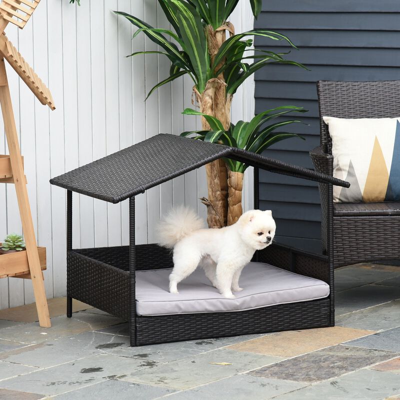 Gray Pet Retreat: Wicker Dog Bed with Rattan Canopy