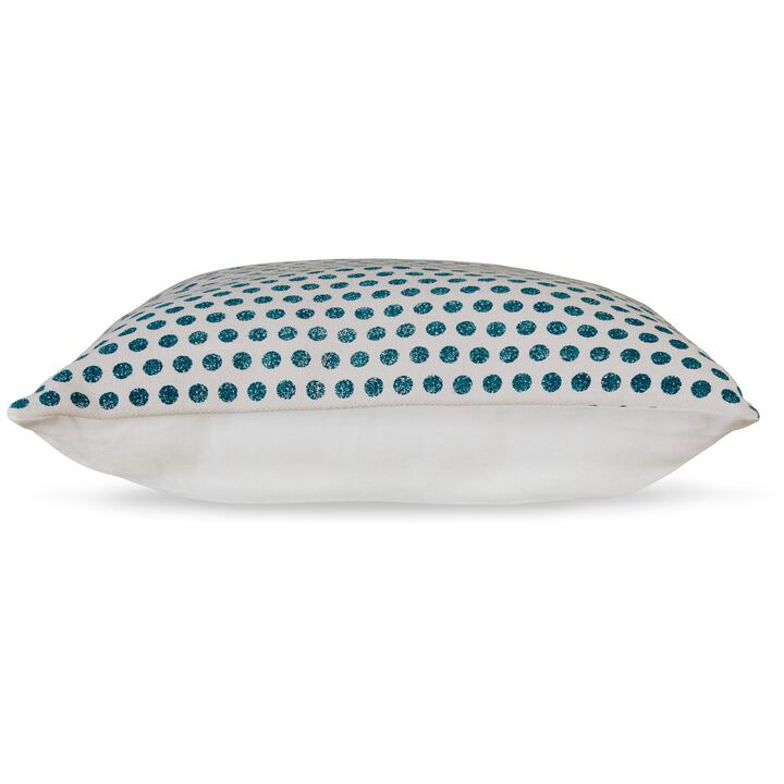 Mony Square Accent Throw Pillow, 20 Inch, Teal Dots over White Cotton - Benzara