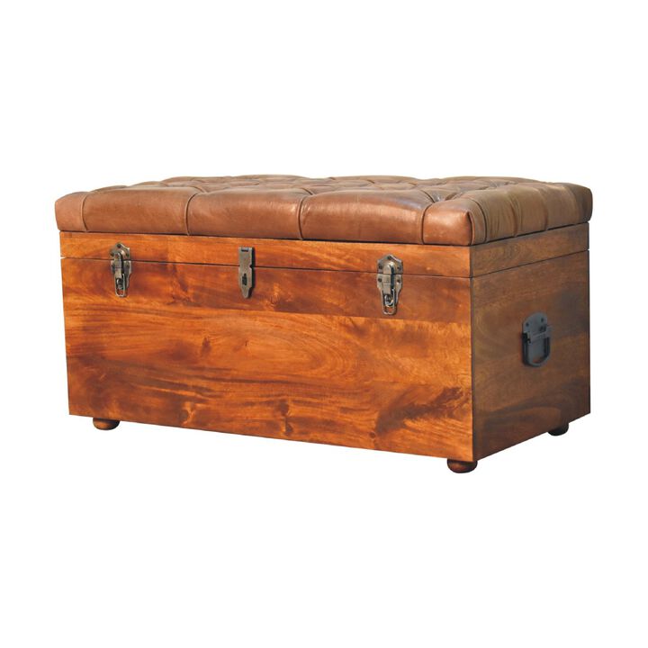 Artisan Furniture Buffalo Brown Leather  Hide  Chestnut Solid Wood  Storage Trunk