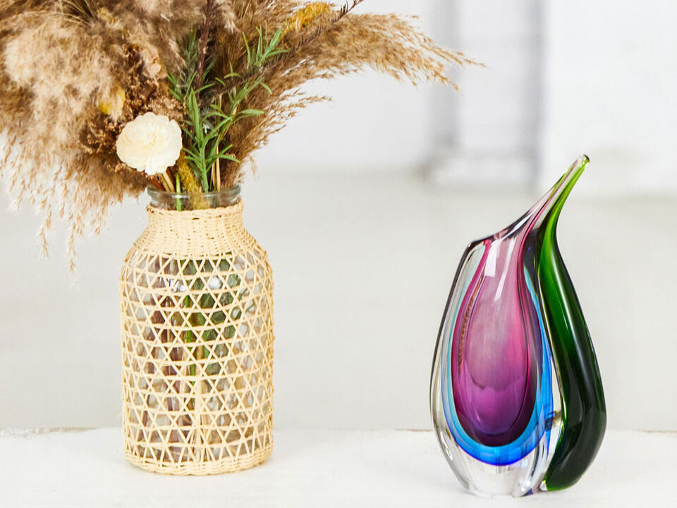 Hand Blown Multicolor Sommerso Teardrop Art Glass Vase with Angled Lip