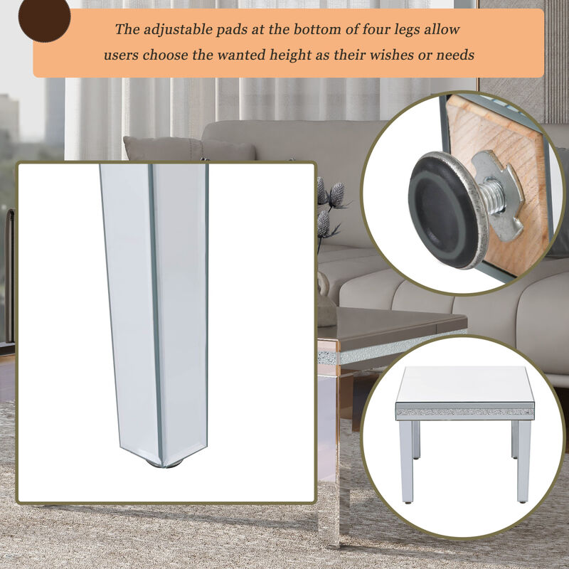 Modern Glass Mirrored Coffee Table with Crystal Design & Height-Adjustable Legs