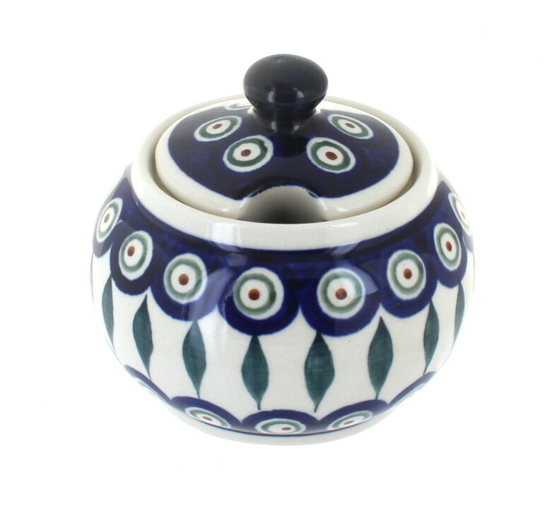 Blue Rose Polish Pottery Peacock Sugar Bowl