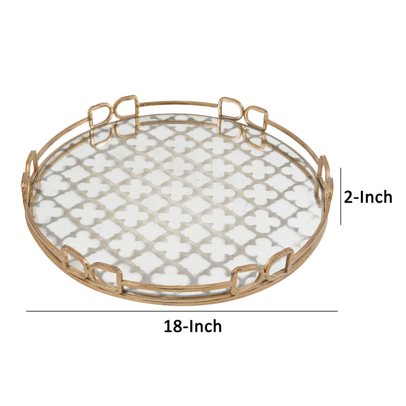 Sui 18 Inch Round Decorative Tray, Glass Bottom and Gold Geometric Frame-Benzara