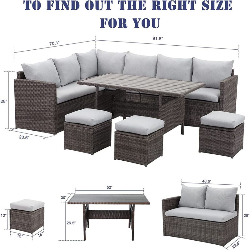 7-Pieces PE Rattan Wicker Patio Dining Sectional Cusions Sofa Set With Grey Cushions