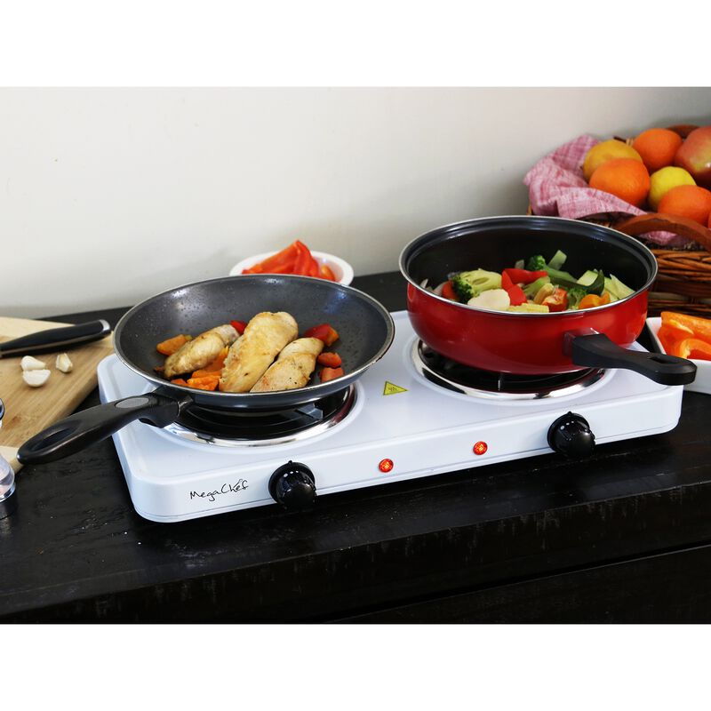 MegaChef Electric Easily Portable Ultra Lightweight Dual Coil Burner Cooktop Buffet Range in White