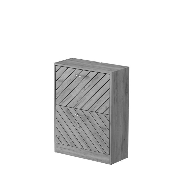 Gray 12-Pair Shoe Storage Cabinet with 2-Drawers and 4-Compartments and Wood Grain