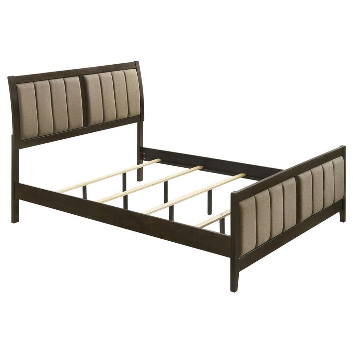 Wily King Size Bed, Channel Tufted Upholstered Headboard, Dark Brown - Benzara