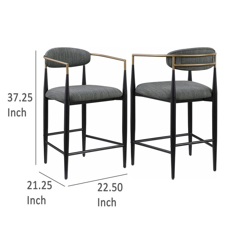 Tiara Counter Chair Set of 2, Gray Fabric, Gold, Black Metal 25 Inch - Benzara