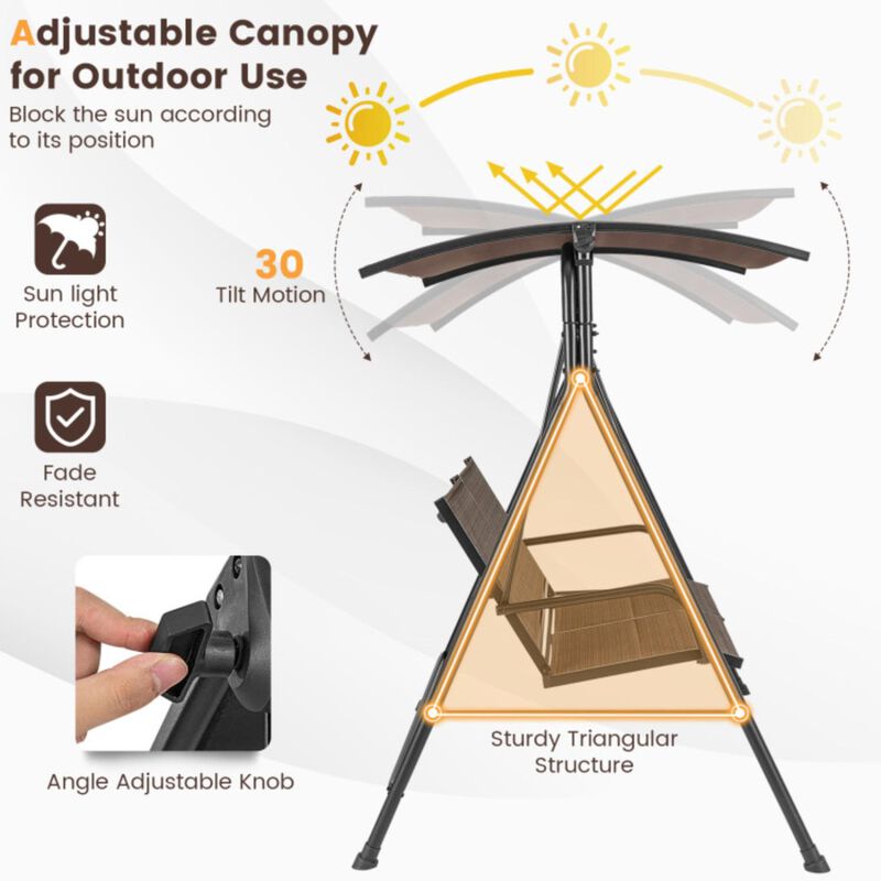 Hivvago 2 Person Porch Swing with Adjustable Canopy and Padded Seat-Brown