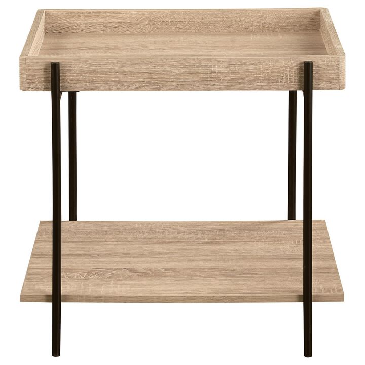 Allen Side End Table, Tray Top, Shelf 23 Inch Brown Wood, Black Metal - Benzara