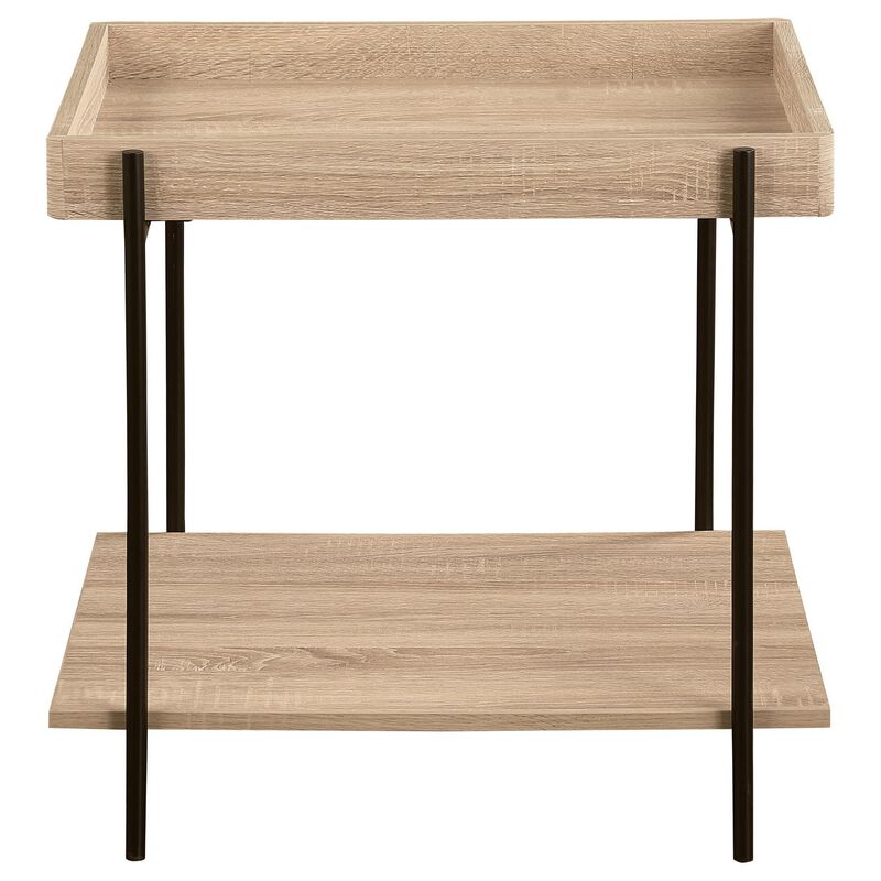 Allen Side End Table, Tray Top, Shelf 23 Inch Brown Wood, Black Metal - Benzara
