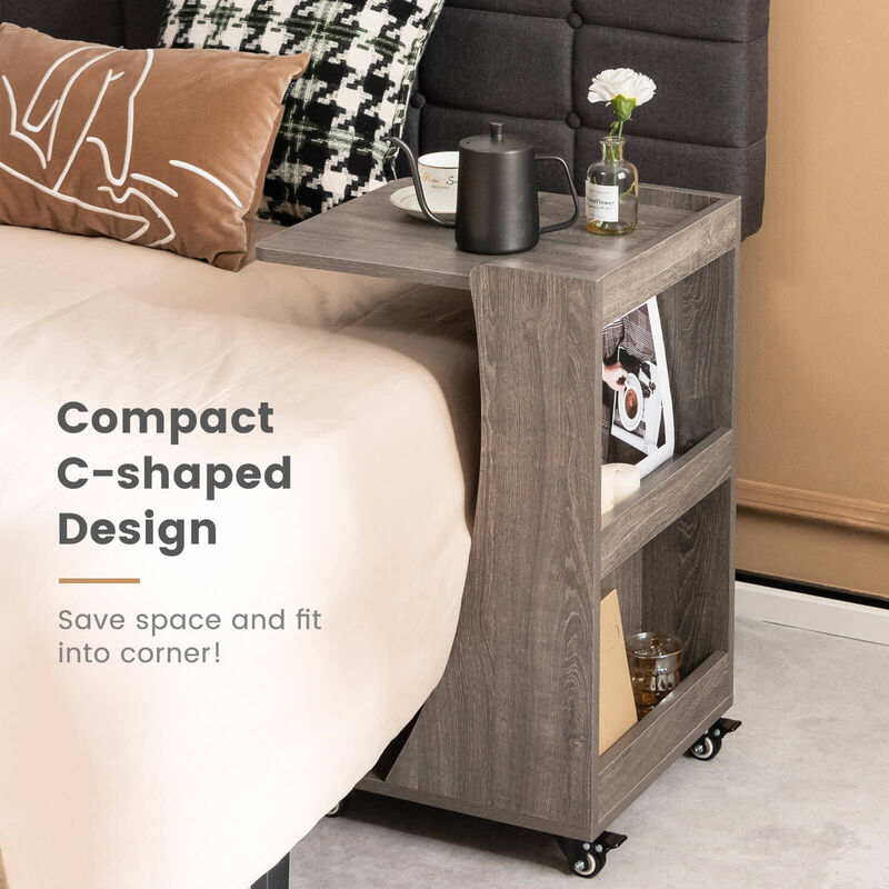 C-shaped Rolling End Side with Back Storage Shelves beside Sofa