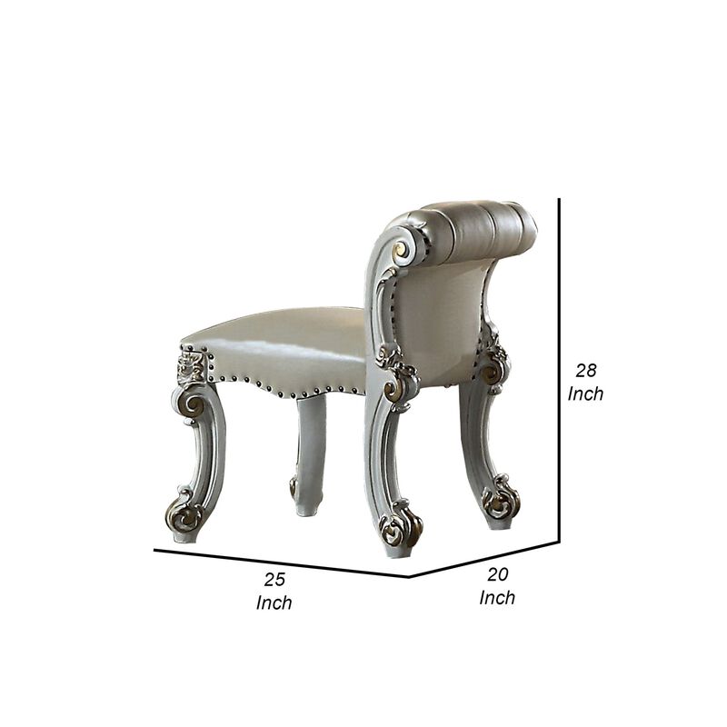 Jess 25 Inch Vanity Chair, Vegan Faux Leather, Rolled Back, Queen Anne Legs - Benzara