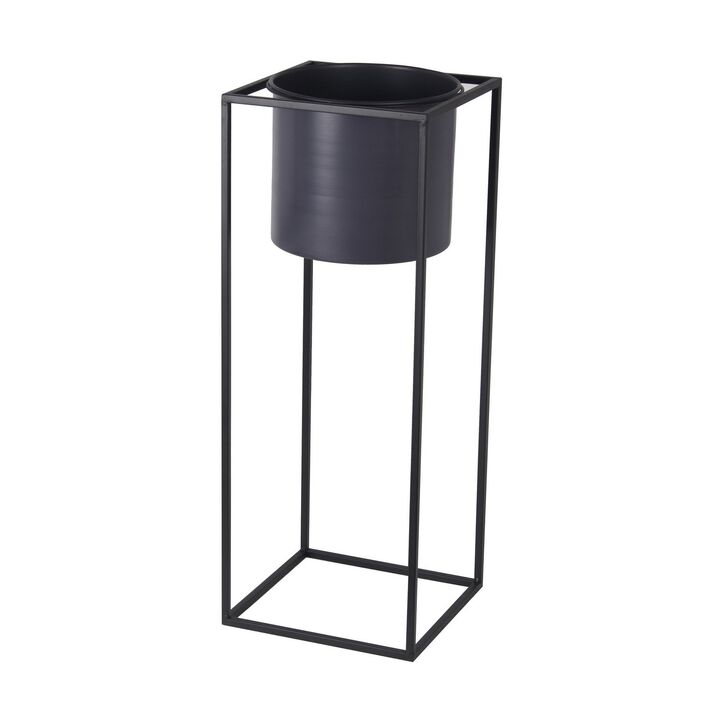 Metal Round Planter with Square Base, Set of 2, Black and Gray