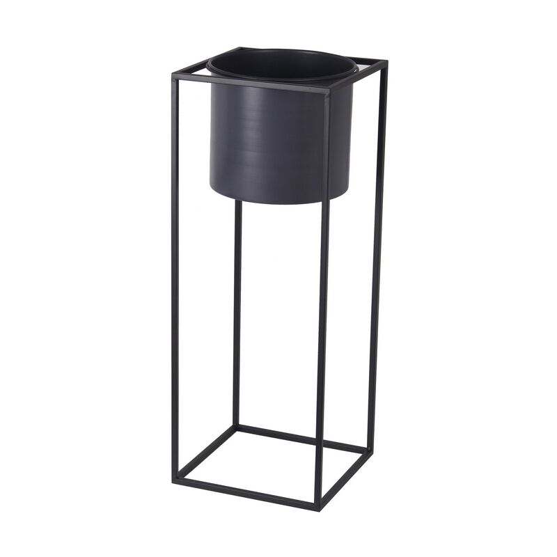 Metal Round Planter with Square Base, Set of 2, Black and Gray