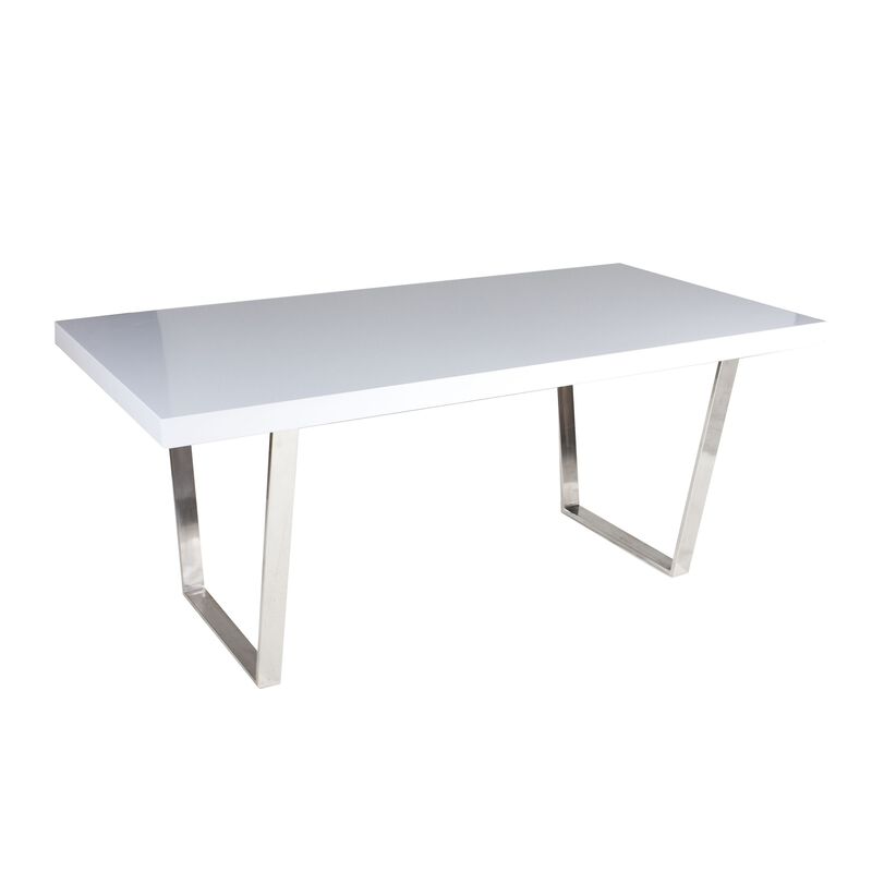 Ien 71 Inch Dining Table, Rectangular Top, Open Metal Panel, White Lacquer - Benzara