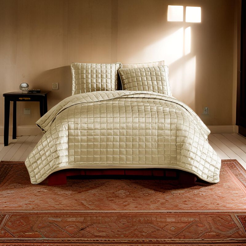 3 Piece King Size Coverlet Set with Stitched Square Pattern, Gold-Benzara