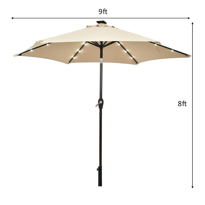 9 Feet Solar LED Lighted Patio Market Umbrella Tilt Adjustment Crank Lift