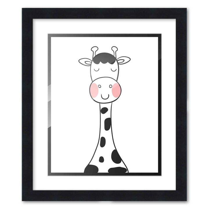 8x10 Framed Nursery Wall Art Black & White Giraffe Poster with White Mat in a 10x12 Black Wood Frame