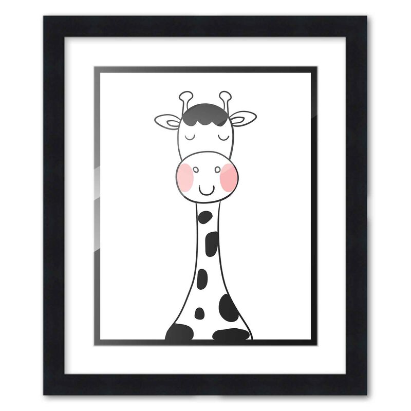 8x10 Framed Nursery Wall Art Black & White Giraffe Poster with White Mat in a 10x12 Black Wood Frame
