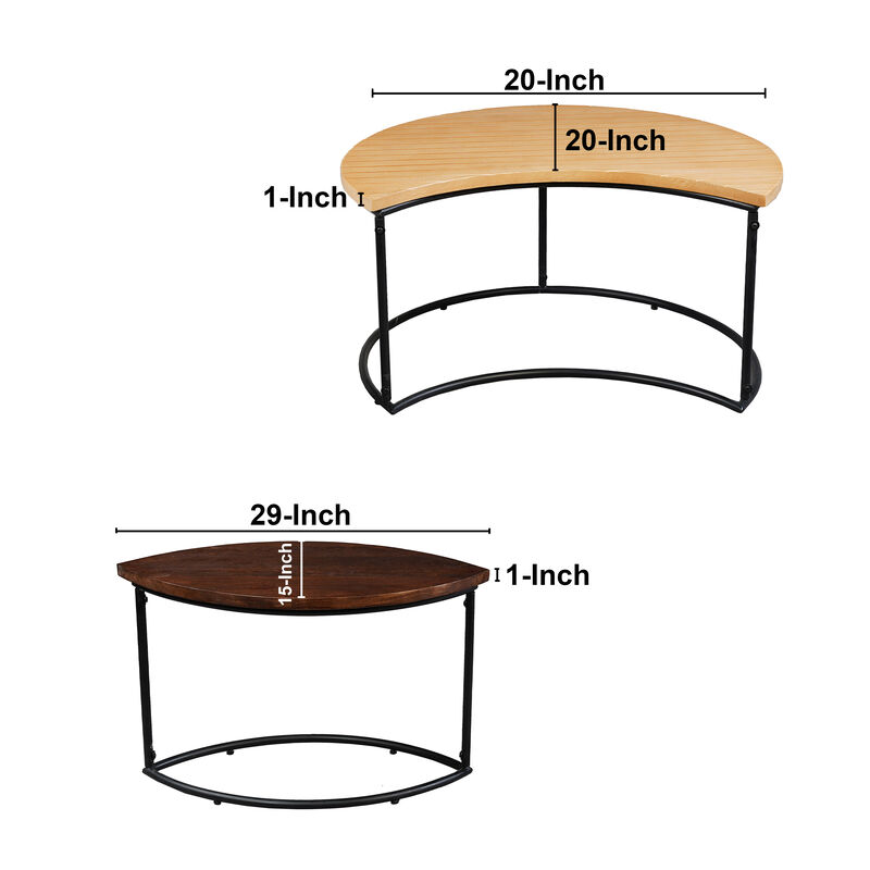 35 Inch 2 Piece Coffee Table with Black Iron Frame, 2 Tone Mango Wood Top In Natural Brown and Walnut - Benzara