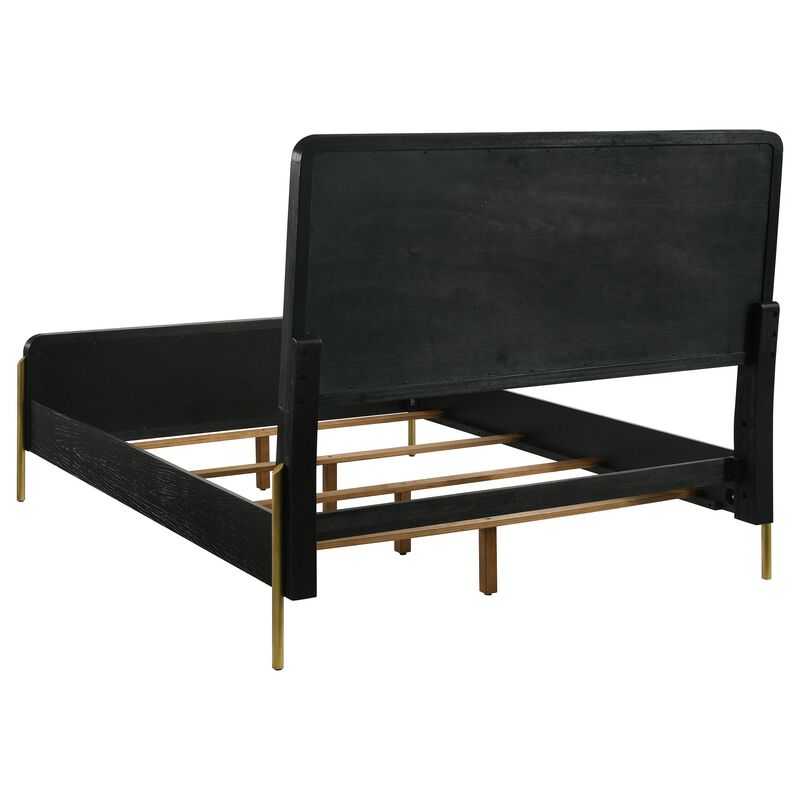 Fij Queen Size Bed, Natural Rattan Woven Panel Headboard, Gold Legs, Black - Benzara