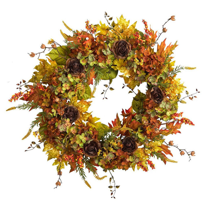 Nearly Natural 32-in Fall Hydrangea, Ranunculus and Maple Leaf Autumn Artificial Wreath