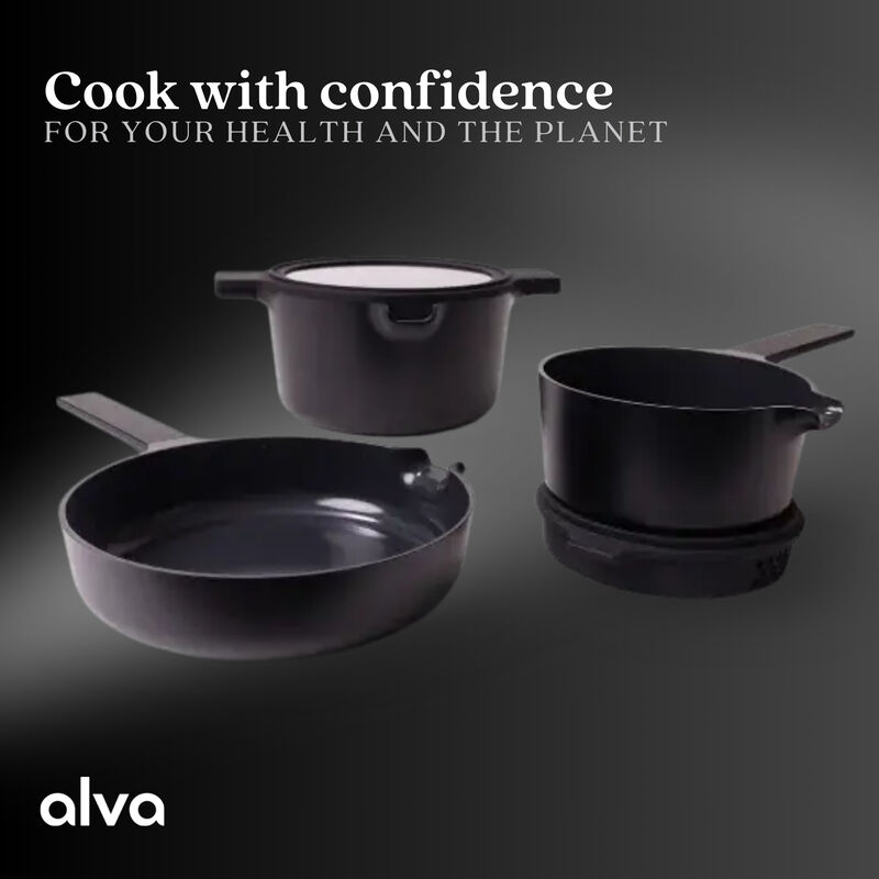 Alva Neat 5-in-1 Ceramic Nonstick Cookware Nesting Set, Recycled Aluminum Non-Toxic PFAS, PFOA & PTFE Free, Frying Pan, Cookware Set Compatible with All Cooktops & Induction Safe, Oven Safe