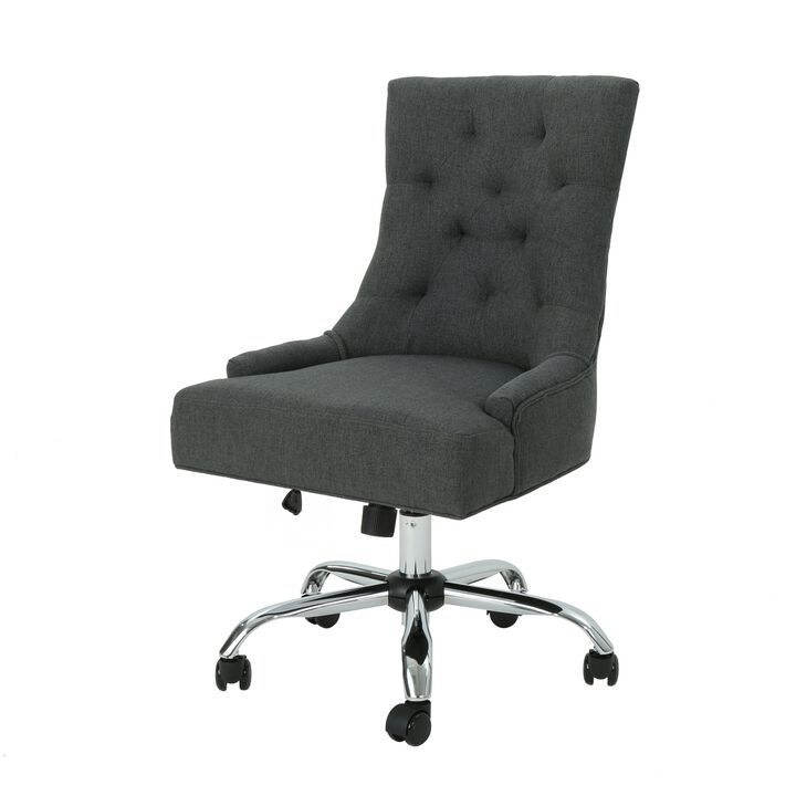 Ovi Swivel Office Chair, Dark Gray Fabric, Tufted Back, Rolling Wheels -Benzara