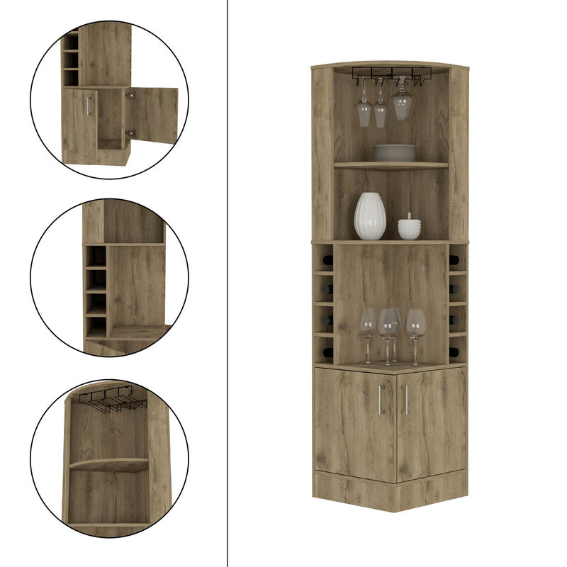 DEPOT E-SHOP Egina Bar Cabinet Two Drawers, Eight Bottle Cubbies, Two Large Open Shelves, Macadamia