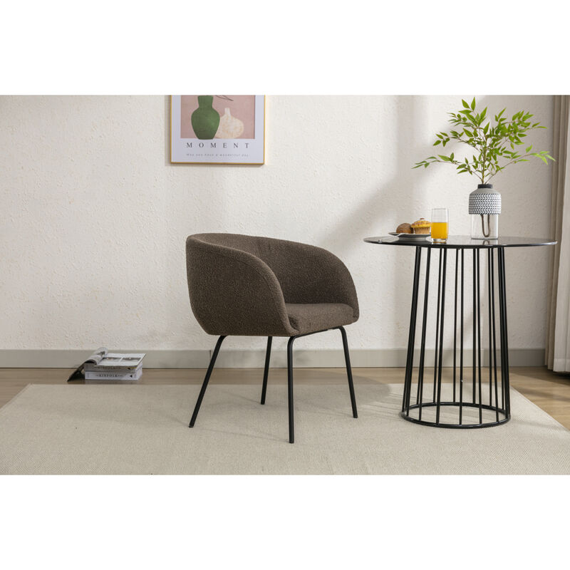 Set Of 1 Boucle Fabric Dining Chair With Black Metal Legs, Dark Brown