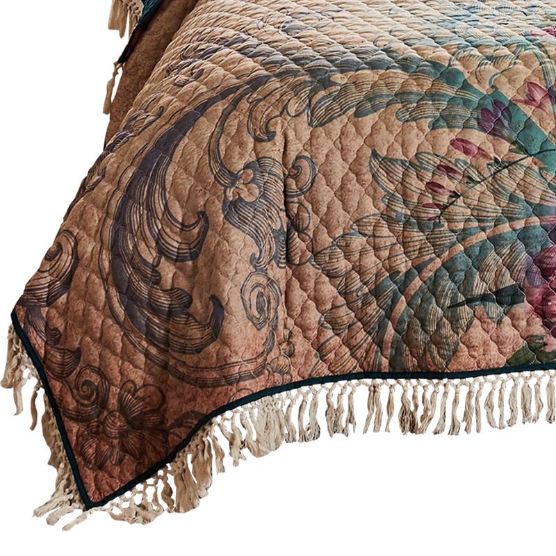 3 Piece Queen Size Quilt Set with Floral Print and Crochet Trim, Multicolor - Benzara