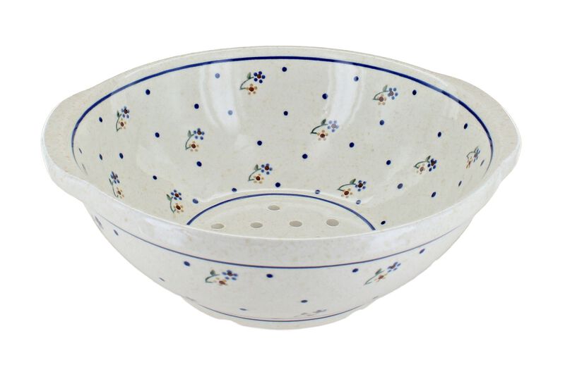 Blue Rose Polish Pottery Flowering Peacock Colander