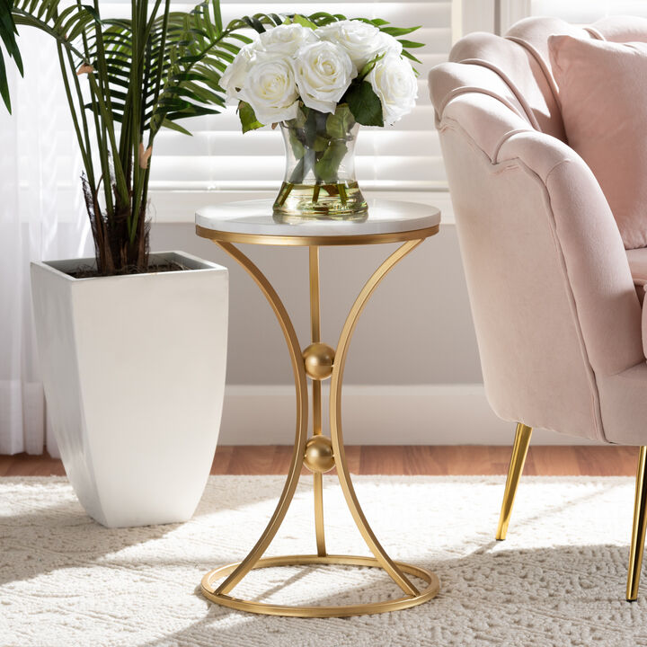 Baxton Studio Tarmon Modern Gold Finished Metal End Table With Marble Tabletop