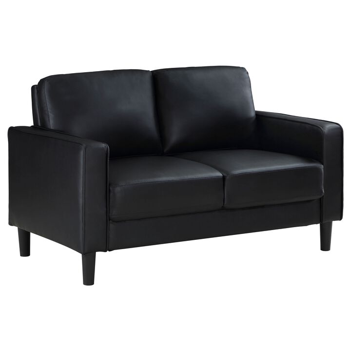 Rumi Loveseat, Black Faux Leather, Modern Track Style Arms, Foam, 54 Inch - Benzara