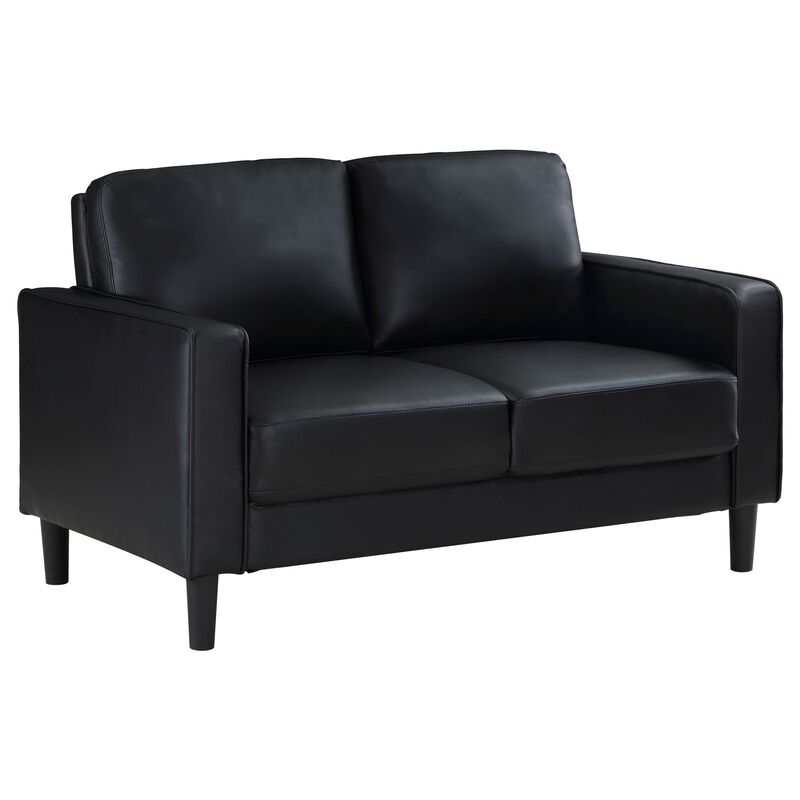 Rumi Loveseat, Black Faux Leather, Modern Track Style Arms, Foam, 54 Inch - Benzara